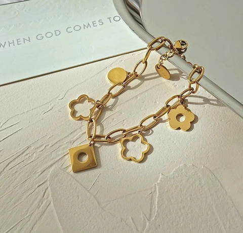 316L Stainless Steel 18K Gold Plated Daisy Flower Heart Square Charm Link Chain Bracelet For Women Elegant Lucky Gift