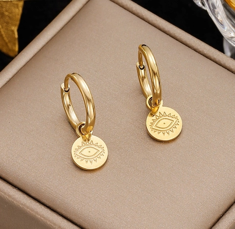 Orecchini a Cerchio Malocchio in Acciaio Inossidabile per Donna Placcati in Oro 18K Pendente a Disco Tondo Gioielli Minimalisti