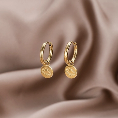 Orecchini a Cerchio Malocchio in Acciaio Inossidabile per Donna Placcati in Oro 18K Pendente a Disco Tondo Gioielli Minimalisti