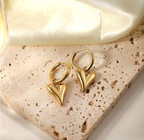 Mode 316L Edelstahl 18K Vergoldet Herz Creolen Für Damen Vintage Polierte 3D Liebe Herz Anhänger Ohrringe Schmuck