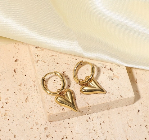 Mode 316L Edelstahl 18K Vergoldet Herz Creolen Für Damen Vintage Polierte 3D Liebe Herz Anhänger Ohrringe Schmuck