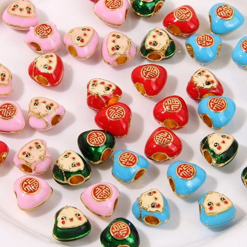 Alloy Enamel Oil Drip Zongzi Pendants For DIY Jewelry Making Lucky Blessing Fu Character Cartoon Face Crafts Accessories