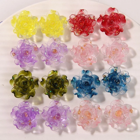 DIY Resin Flower Charms Gold Foil Gradient Rose Camellia Translucent Patch For Earrings Headwear Handmade Jewelry Making Materials
