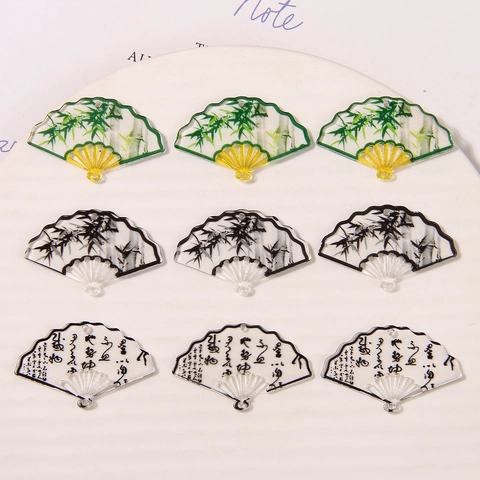 Chinesischer Stil Fächerform Acryl DIY Anhänger Tuschmalerei Bambus Kalligraphie Muster Für Ohrringe Haarnadeln Schmuckzubehör