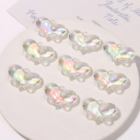 Dreamy Iridescent AB Color Acrylic Heart Pendant For DIY Jewelry Making Romantic 3D Heart Shaped Hair Accessory Handcrafts