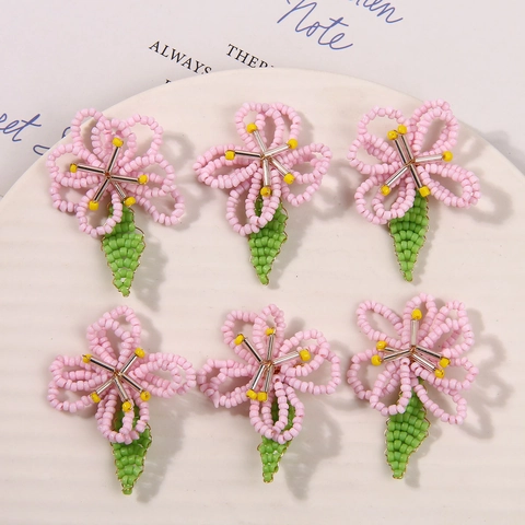 Accesorio Flor de Cuentas de Vidrio Hecho a Mano Pétalos Rosas Hojas Verdes Para Hacer Joyas DIY Pendientes Clips