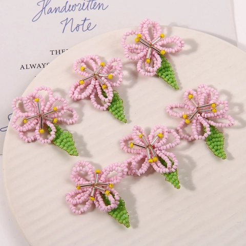 Accesorio Flor de Cuentas de Vidrio Hecho a Mano Pétalos Rosas Hojas Verdes Para Hacer Joyas DIY Pendientes Clips