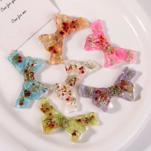 Resin Bowknot Charms With Embedded Real Dried Flowers Handmade DIY Hair Tie Phone Case Jewelry Making Craft Findings