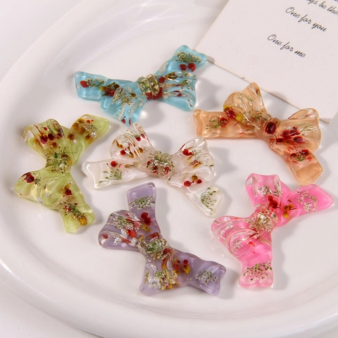 Resin Bowknot Charms With Embedded Real Dried Flowers Handmade DIY Hair Tie Phone Case Jewelry Making Craft Findings