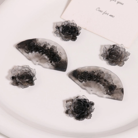 Ciondoli a Forma di Fiore e Ventaglio in Resina Nero Fumo Vintage per Orecchini Fai-da-Te Creazione di Gioielli Texture Marmo Inchiostro