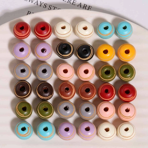 Perles Rondes en Bois Colorées de 10mm avec Rayures Horizontales Gravées Perles d'Espacement pour Fabrication de Bijoux DIY
