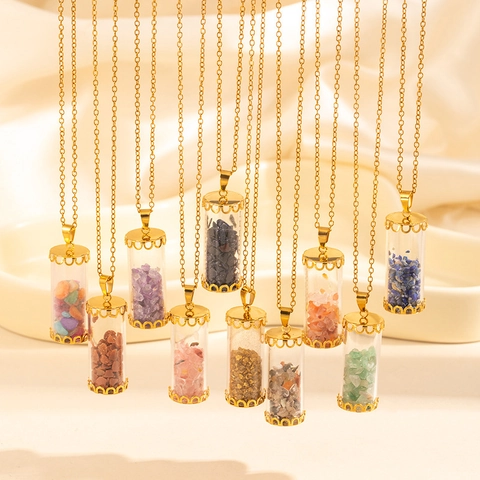 Stainless Steel Glass Bottle Pendant Necklace For Women Natural Stone Chip Cylinder Gold Hollow Cap Bohemian Jewelry