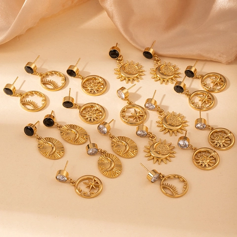 Vintage Stainless Steel Celestial Stud Earrings For Women Gold Plated Sun Moon Star Earrings With Zirconia Fashion Jewelry