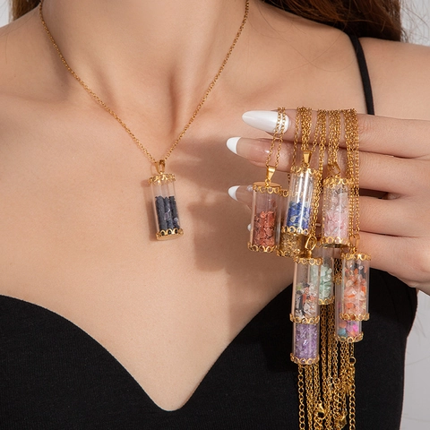 Stainless Steel Glass Bottle Pendant Necklace For Women Natural Stone Chip Cylinder Gold Hollow Cap Bohemian Jewelry