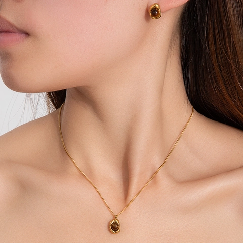 Geometric Organic Lava Shape Titanium Steel Gold Plated Artificial Pearl Tiger's Eye Stone Jewelry Set Necklace Stud Earrings For Women