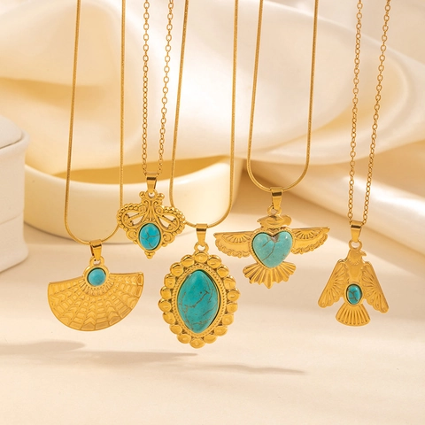 Vintage Stainless Steel Turquoise Necklace For Women Bohemian Butterfly Eagle Cross Pendant Gold Plated Chain Fashion Jewelry Gift