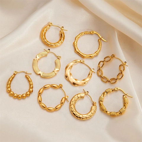 18K Gold Plated Titanium Steel Hoop Earrings For Women Geometric Twisted Bamboo Chain Link Texture Fashion Jewelry Ear Buckles