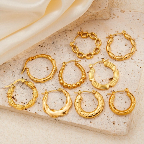 18K Gold Plated Titanium Steel Hoop Earrings For Women Geometric Twisted Bamboo Chain Link Texture Fashion Jewelry Ear Buckles