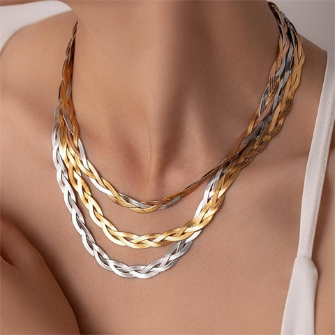 Bijoux Minimalistes en Acier Inoxydable avec Chaîne Torsadée Tressée pour Femmes Collier Multicouche Bracelet Accessoire de Mode Plaqué Or Argent