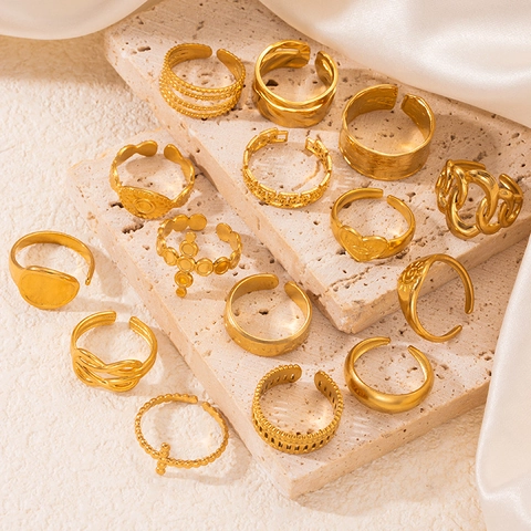 Bague Ouverte Minimaliste en Acier Inoxydable pour Femme Plaqué Or 18K Géométrique Cœur Mauvais Œil Bague Réglable
