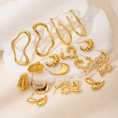 French Style Gold Stainless Steel Earrings Twisted Fluid Irregular Water Drop Heart Minimalist Fashion Jewelry For Women