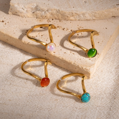 Anello Francese Creativo in Acciaio al Titanio con Linee a Onda per Donna Placcato Oro 18K con Pietra Naturale Regolabile Minimalista