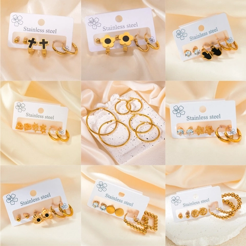 Ensemble de Boucles d'Oreilles en Acier Inoxydable pour Femmes Plaqué Or Cœur Étoile Papillon Fleur Strass Créoles