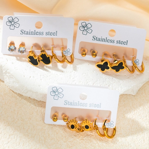 Ensemble de Boucles d'Oreilles en Acier Inoxydable pour Femmes Plaqué Or Cœur Étoile Papillon Fleur Strass Créoles