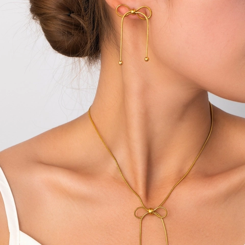 Elegant Titanium Steel Bowknot Jewelry Collection For Women Gold Silver Snake Chain Necklace Tassel Dangle Earrings Accessories