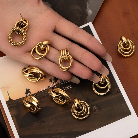 Vintage Chunky Interlocking Ring Hoop Earrings For Women Men 18K Gold Plated Titanium Steel Geometric Statement Stud Earrings Jewelry