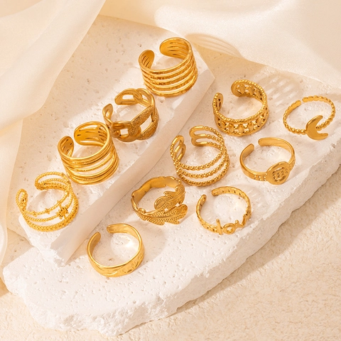 Anello Aperto Minimalista in Acciaio Inossidabile Placcato Oro 18K per Donna Anello a Più Strati Geometrico Regolabile Martellato