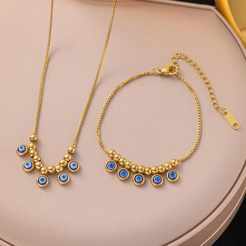 Set di Gioielli Malocchio in Acciaio Inossidabile per Uomo Donna Placcato Oro Argento Collana Bracciale con Perline Nazar Turche