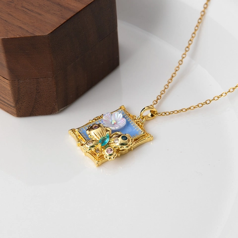 French Retro Stainless Steel Enamel Flower Pendant Necklace Elegant Tulip Ginkgo Butterfly Artificial Pearl Zirconia Jewelry For Women