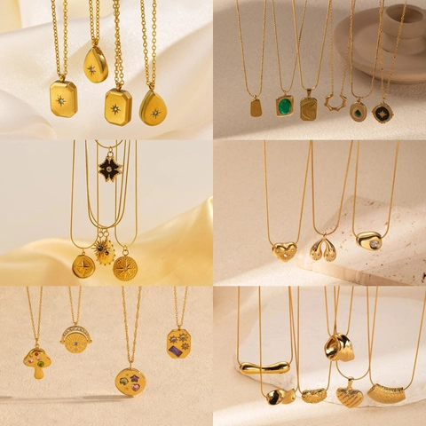 Collana Con Pendente in Acciaio Inossidabile Placcato Oro 18K per Donna Vintage Geometrica Stella Luna Bussola Strass Gioielli