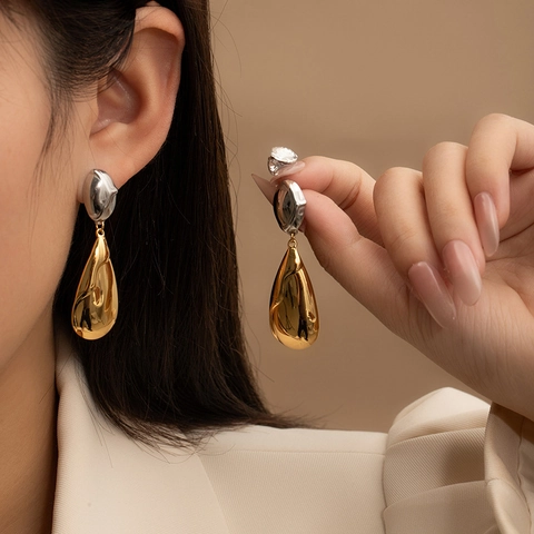 Fashion Stainless Steel Water Drop Earrings For Women 18K Gold Plated Two-tone Liquid Metal Texture Irregular Drop Jewelry