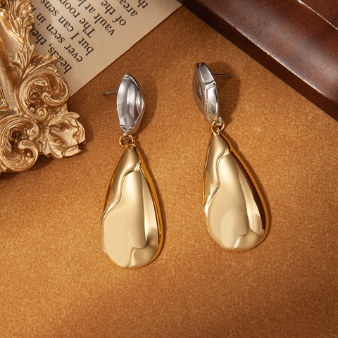 Fashion Stainless Steel Water Drop Earrings For Women 18K Gold Plated Two-tone Liquid Metal Texture Irregular Drop Jewelry
