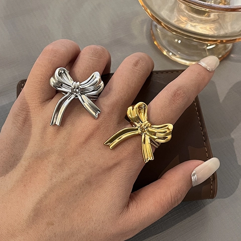 Fashion Stainless Steel Bow Ribbon Open Ring For Women Wrinkle Texture Adjustable Metallic Finger Ring Jewelry Gift