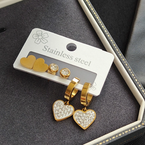 Fashion Gold Titanium Steel Earring Set For Women Heart Drop Rhinestone Stud Earrings Roman Numerals Commuter Jewelry Set