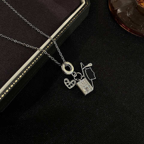 Titanium Steel Graduation Necklace For Women Enamel Graduation Cap Heart Zirconia Passport Pendant Stainless Steel Chain
