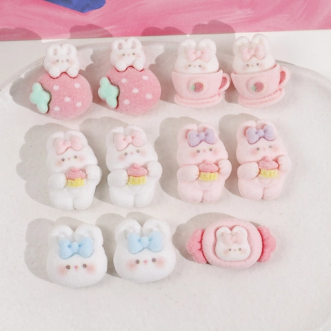 Cartoon Rabbit Flocked Resin Patches Cute Strawberry Bowknot Animal DIY Jewelry Making Accessories For Hair Clips
