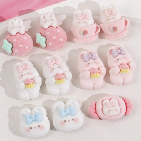 Cartoon Rabbit Flocked Resin Patches Cute Strawberry Bowknot Animal DIY Jewelry Making Accessories For Hair Clips