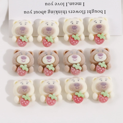 Cute Flocked Bear Resin Patches With Strawberry For DIY Jewelry Making Hair Clips Phone Case Decoration Accessories