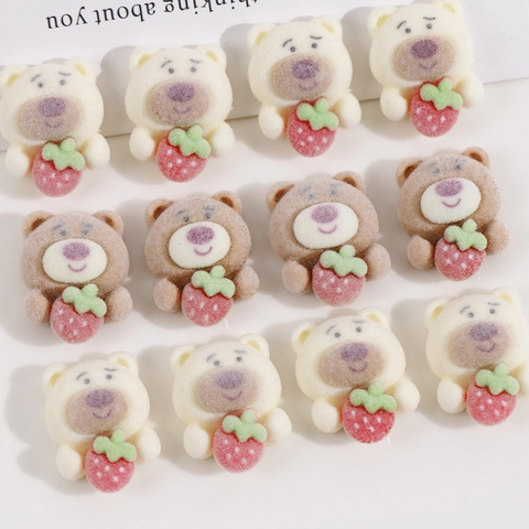 Cute Flocked Bear Resin Patches With Strawberry For DIY Jewelry Making Hair Clips Phone Case Decoration Accessories