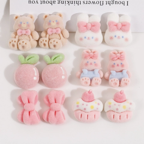 Cute Flocking Resin Cartoon Rabbit Bear Bow Cupcake DIY Jewelry Accessories For Hair Clip Phone Case Decoration Charms