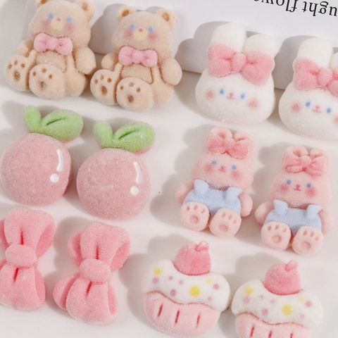 Cute Flocking Resin Cartoon Rabbit Bear Bow Cupcake DIY Jewelry Accessories For Hair Clip Phone Case Decoration Charms