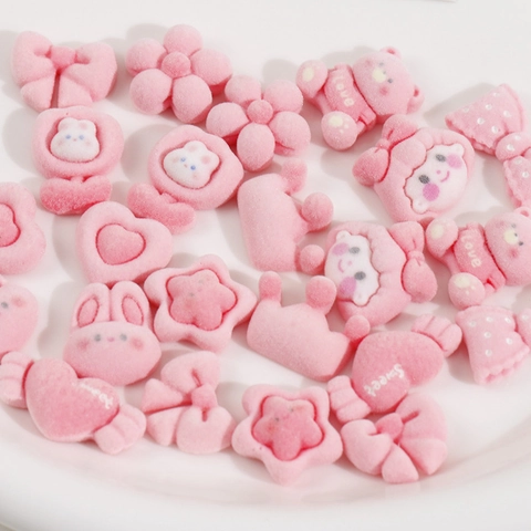 DIY Flocked Resin Charms Light Pink Cartoon Bear Rabbit Heart Bow Accessories For Jewelry Making Hair Clip Phone Case Decor