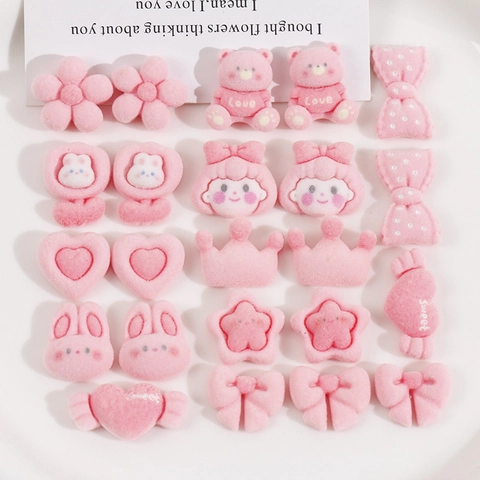 DIY Flocked Resin Charms Light Pink Cartoon Bear Rabbit Heart Bow Accessories For Jewelry Making Hair Clip Phone Case Decor