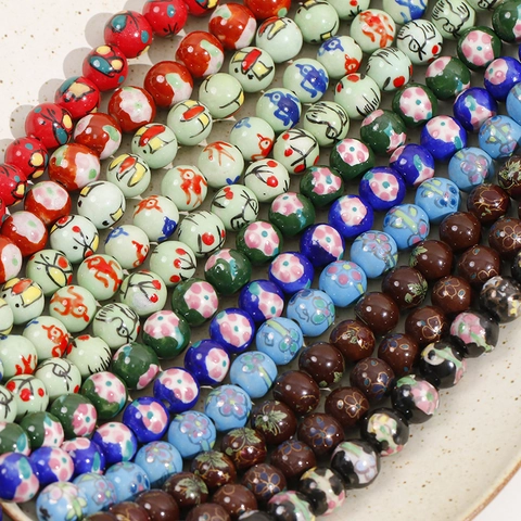 Hand Painted Ceramic Beads 12mm Round Porcelain Loose Beads For DIY Necklace Bracelet Earring Jewelry Making Floral Birds