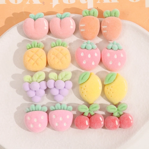 Flocked Fruit Resin Charms For DIY Jewelry Making Strawberry Peach Pineapple Lemon Carrot Cherry DIY Patches Craft Material