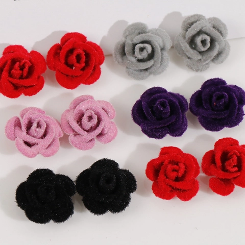 Flocked Rose Flower Patch Metal Base DIY Jewelry Accessories For Hair Clips Earrings Making Floral Decoration